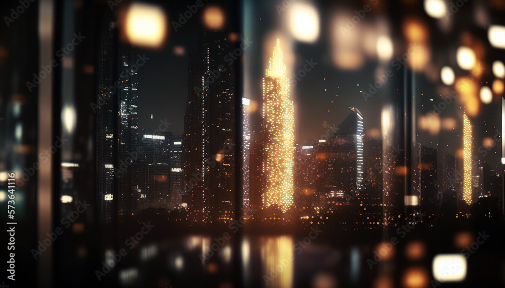 City skyscrapers at night, dark office building facade, lights reflection on glass. Generative AI