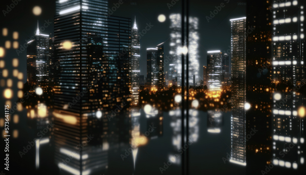 City skyscrapers at night, dark office building facade, lights reflection on glass. Generative AI