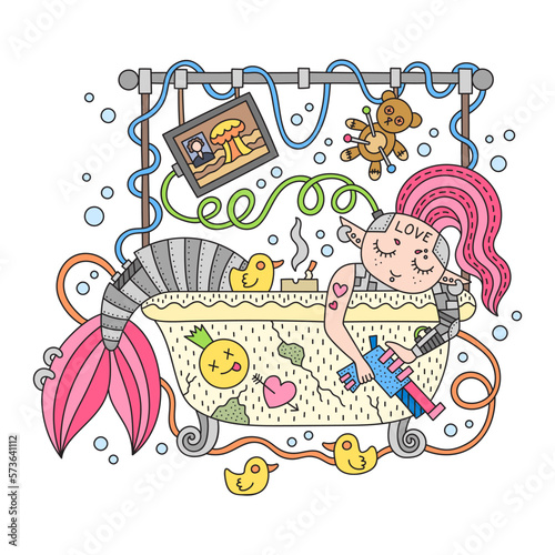 Cyberpunk mermaid. Cute punk girl with fish tail and pink hair taking bath. Teenager room. Toy, duck, gun, TV screen. Colorful poster. Funny cartoon vector illustration. Isolated on white