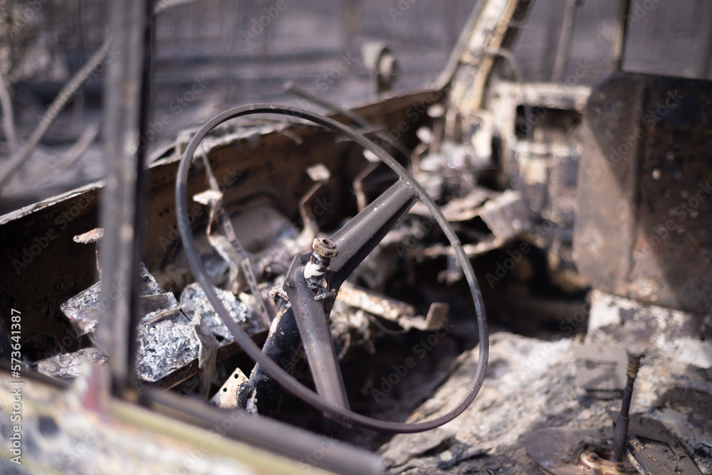 Fototapeta premium Steering wheel of a burnt car
