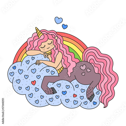 Cute little unicorn girl sleeping on the clouds with rainbow. Magical centaur with punk hair. Colorful sweet cartoon vector illustration for kids. Isolated on white