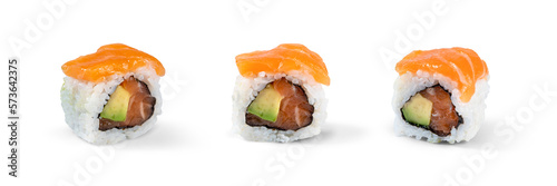 Maki sushi with salmon and avocado isolated on white background