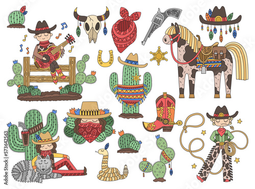 Set of cowboys and western elements. Cowboy style, clothes, hat, boots, pants. Green cactuses, bandanas, bull skull, horseshoe, revolver. Wild west adventure. Cartoon vector illustration. Isolated 