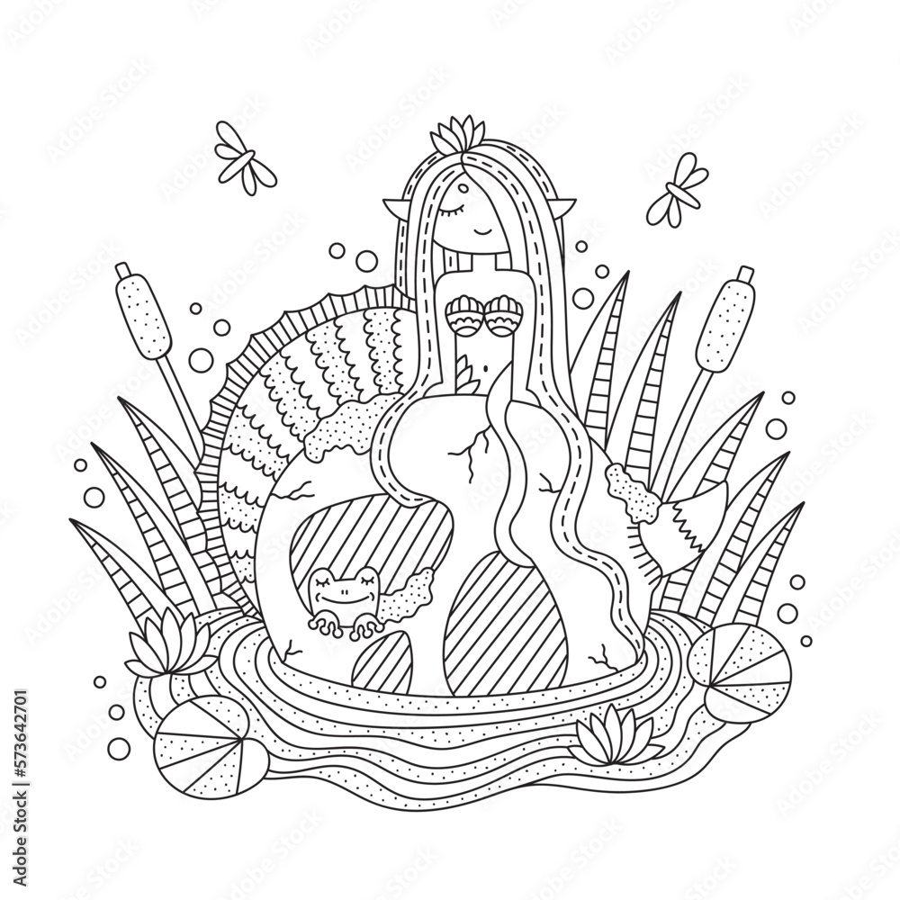 Little mermaid sitting on giant skull. Cute underwater fish girl ...