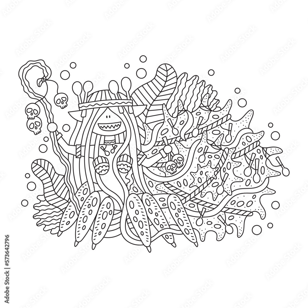 Crazy little hermit crab girl. Mermaid with giant shell. Spoon lover. Funny underwater sea creature. Coloring page for kids. Cartoon vector illustration. Outlined drawing. Isolated on white