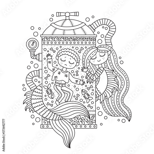 Cute mermaid girl and dead human boy inside steampunk mechanism. Sad story.
Underwater sea creature. Mythology monster. Funny coloring page. Cartoon vector illustration. Isolated on white. Outlined