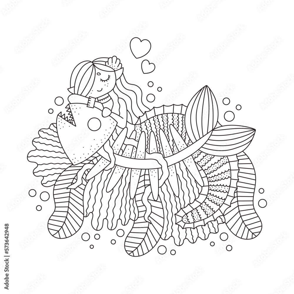 Cute little mermaid with big skeleton fish. Underwater nature ...