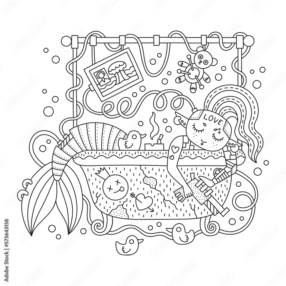 Funny cyberpunk teenager mermaid. Cute pretty punk fish girl in the bathroom. Sea creature. Sci fi coloring page. Cartoon vector illustration. Hand drawn style. Isolated on white
Black lines. Clipart
