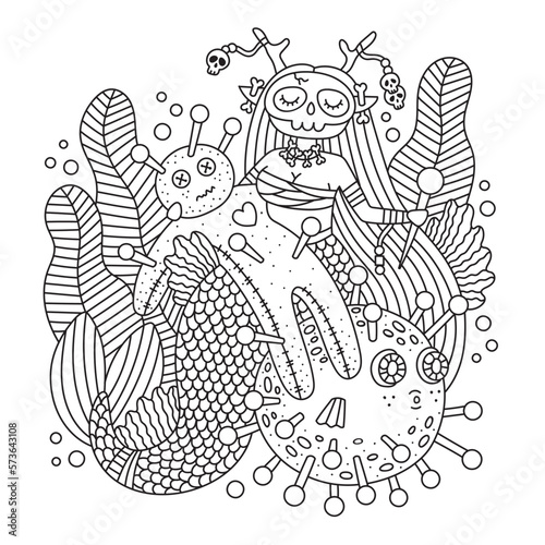 Scary sea witch. Underwater mermaid with voodoo doll. Puffer fish with pins. Dark magic wizard girl. Ocean nature, seaweeds. Detailed coloring page. Cartoon vector illustration. Isolated on white