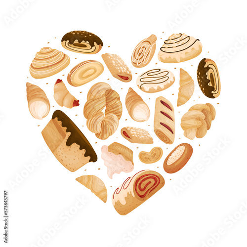 Sweet Bakery Food Heart Shaped Composition Design with Baked Dough Pastry Vector Template