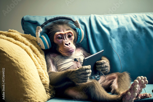 Fototapeta funny monkey with headphones lying on sofa and holding phone, generative ai
