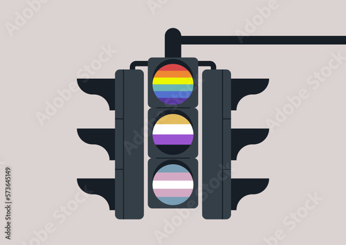 A traffic light with rainbow colors, LGBTQ community, unity and inclusivity