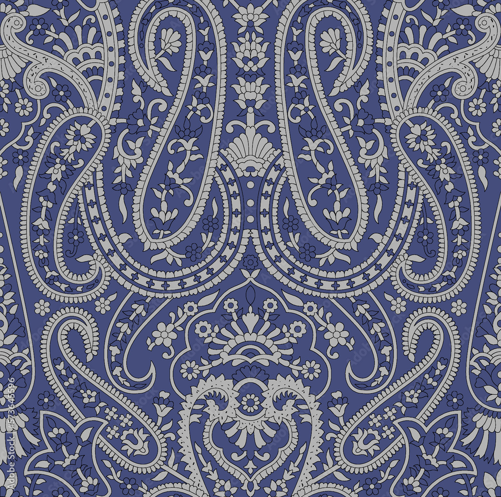 seamless traditional paisley grey and blue motif background