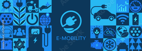 Electric car vector illustration. Green icon set with symbols for an electric or hybrid automobile, a battery charging station, an eco-friendly mode of transportation, and an electric engine. Banner.