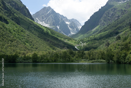 Panoramic view of the lake in the mountains.