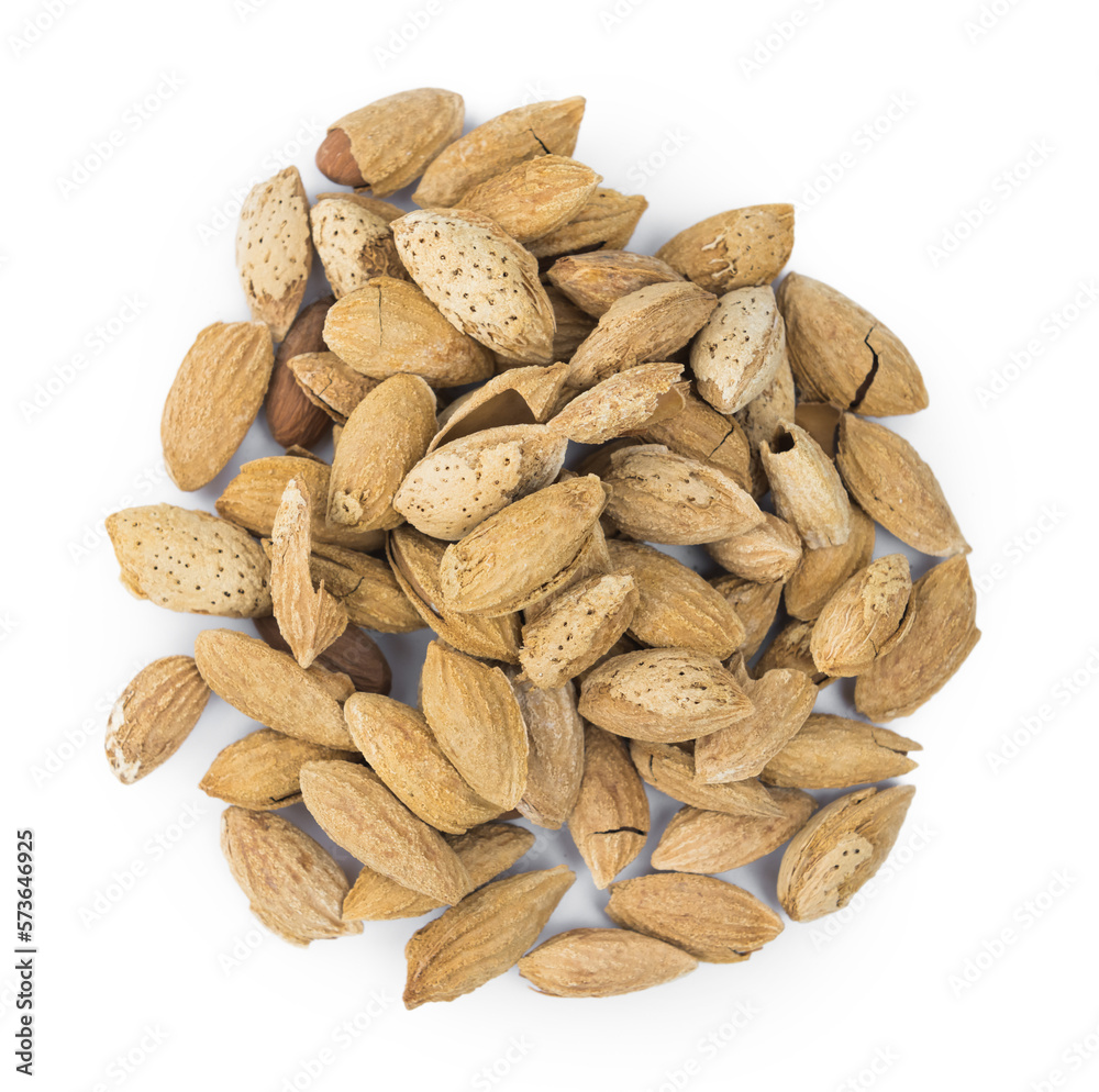 Fototapeta premium Roasted Almonds with shell (transparent background, selective focus)