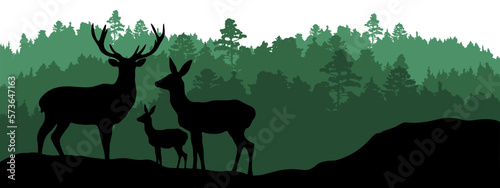 Black silhouette of wild deer family and green forest fir trees camping wildlife landscape panorama illustration icon vector for logo, isolated on white background