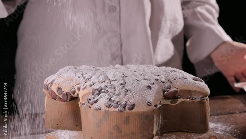 Colomba with chocolate. Easter Italian cake with almonds and chocolate in the shape of a dove. Festive pastries are traditional in Italy. High quality FullHD footage