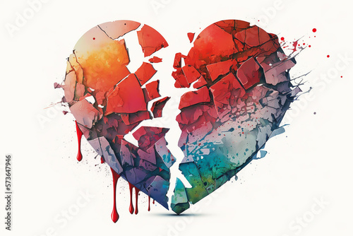 Colorful broken heart, ink drawing illustration style, white background. Divorce concept. Paint splatter, t-shirt painted print, ink splashing. Image is AI generated.