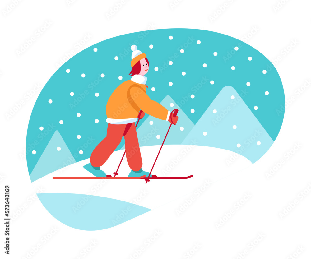 Woman Tourist Character on Vacation Trip or Journey Skiing in Snowy Mountains Vector Illustration