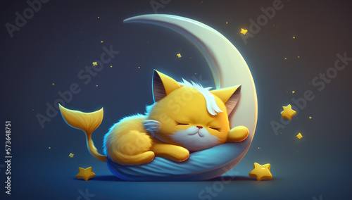 Little cat sleeping over a little moon with the stars in the background