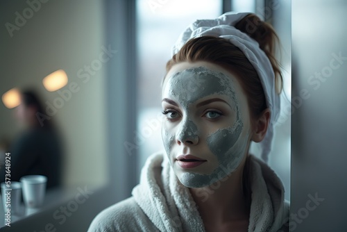 Skin care. SPA procedures at home: young woman wearing cosmetic clay mask on her face. Hair wrapped in towel. AI