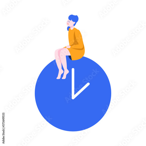 Tiny Woman Character Sitting on Huge Blue Clock Dial Vector Illustration
