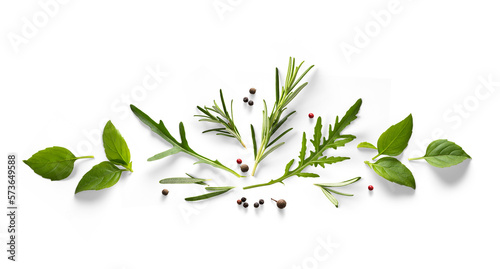 Fototapeta Naklejka Na Ścianę i Meble -  Spices and herbs with natural transparent shadow on transparent backgroundand. Variety of spices and mediterranean herbs. PNG Food background