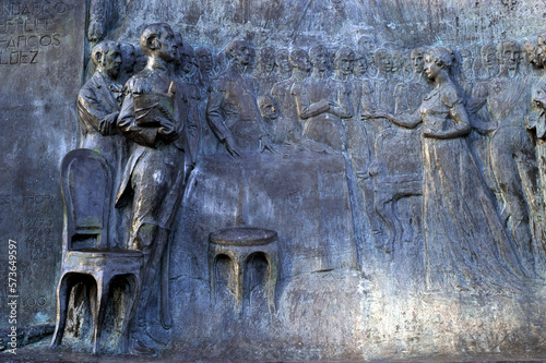 The Monument to the Army of the Andes, located on top of the Cerro de la Gloria, General San Martín Park, Mendoza, Argentina,  bronze sculpture with women donating their jewels of San Martín