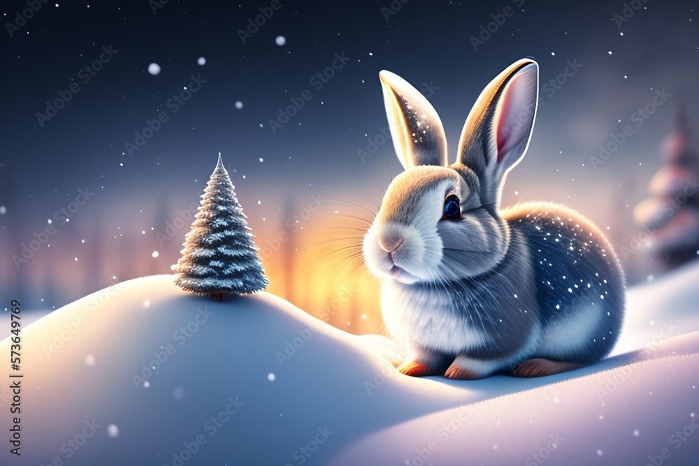 Rabbits. Beauty Art Design of Cute Little Easter Bunny in the winter