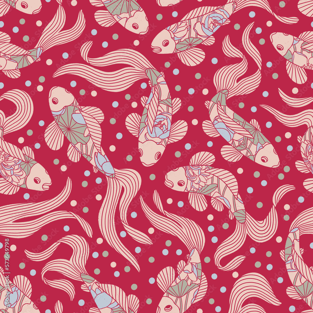 Koi fish with lilies on magenta background Koi fish with lilies on magenta background