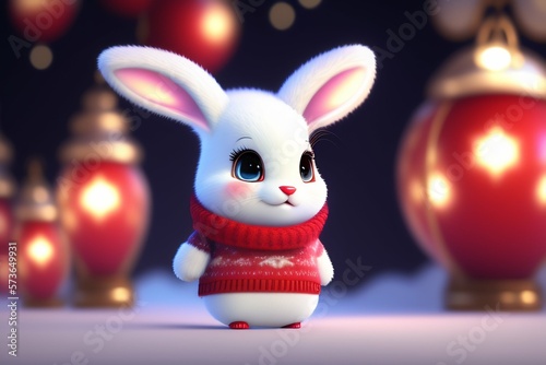 Cute whiteRabbits. Beauty Art Design of Cute Little Easter Bunny in the snow AI Genrative