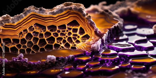 Abstract amethyst crystal geode with golden yellow layers of amber honeycomb inside  semi precious stone with a delicious sweet honey core - generative ai