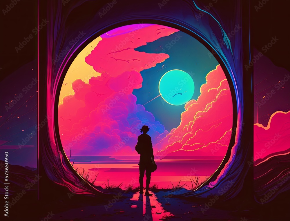 Naklejka premium Human silhouette on the clouds against a portal with neon colors. Concept of journey, spirituality, mindfulness and connected to nature. Generative AI.