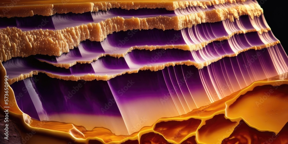 Abstract amethyst crystal geode with golden yellow layers of amber honeycomb inside, semi precious stone with a delicious sweet honey core - generative ai