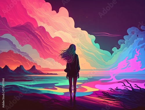 Girl on the beach at sunset with neon colors. Concept of spirituality  mindfulness and connected to nature. Generative AI.