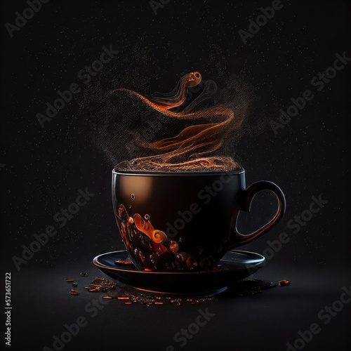 Cup of coffee on a black background. Fresh aroma italian espresso with steam. Hot chocolate. Generative AI illustration