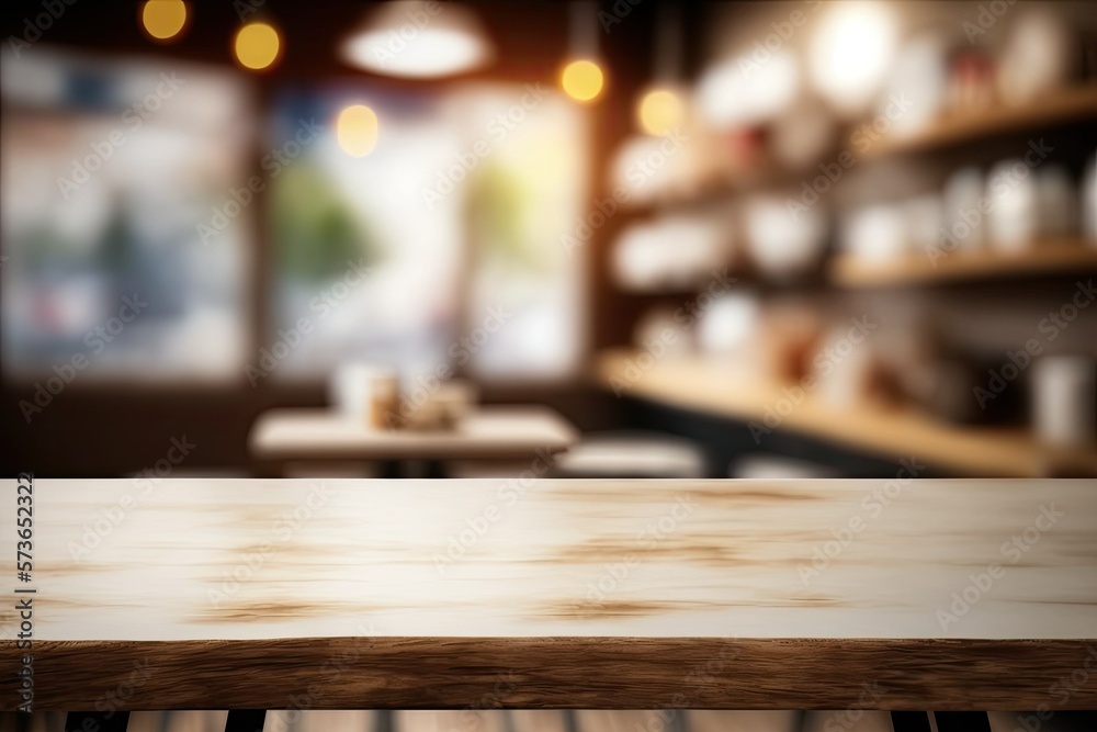 Empty wooden table with a blurred interior background, a bokeh filled light background, and a product on display. Cafe and restaurant montage ready. Generative AI