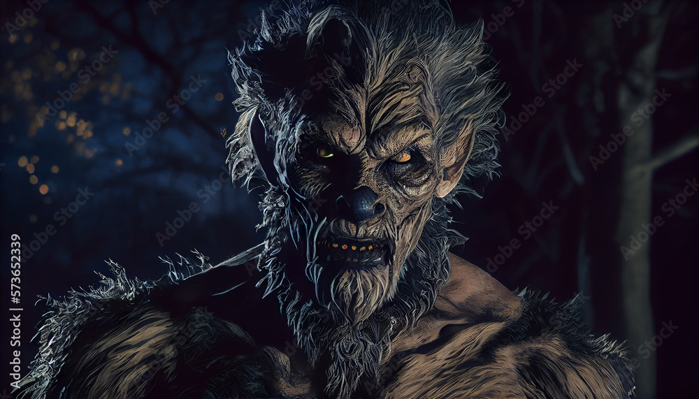 Werewolf in the woods at night, Generative AI Werewolf in the woods at night, Generative AI