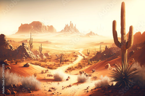 Fotomurale landscape of wild west with dusty desert landscape with cactus and sand dunes, g