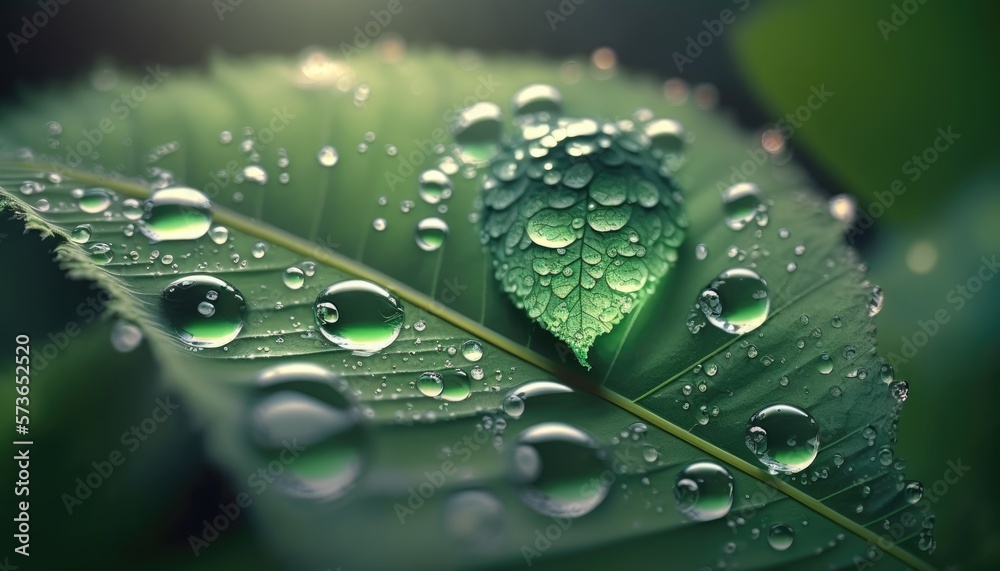 Large beautiful drops of transparent rain water on a green leaf macro - generative ai
