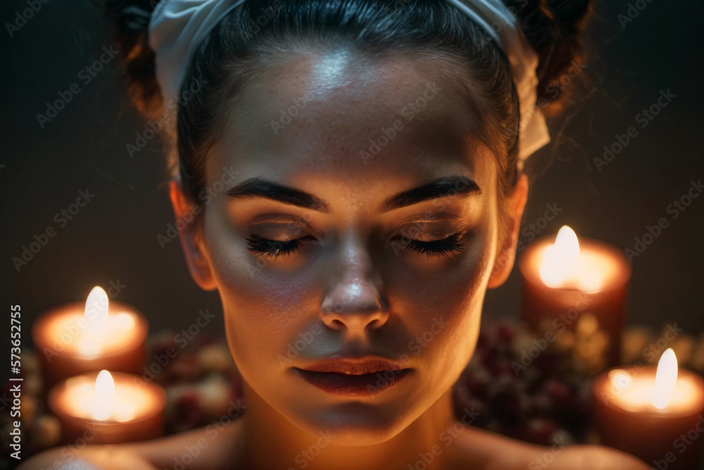 Woman relaxing with candles generative AI	