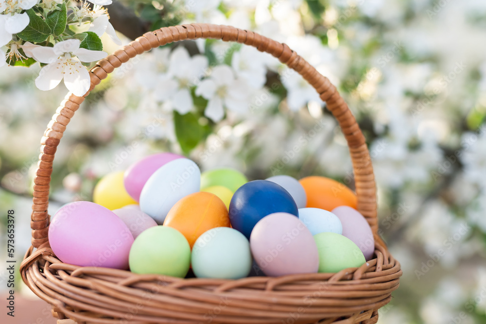 painted Easter eggs in basket on grass. Traditional decoration in sun light