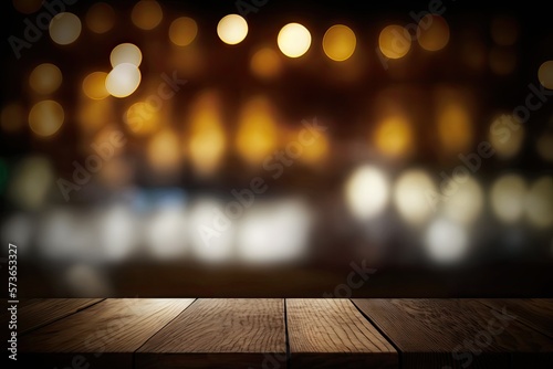 An empty dark wooden table in front of a bokeh like, abstract restaurant backdrop. can be incorporated into a collage or presentation of your products. Space mockup. Generative AI
