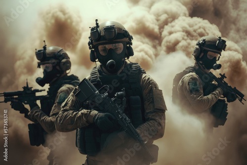 Generative AI illustration of a Group of elite assault soldiers on a mission in the desert with sandstorm background.