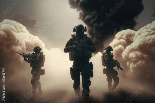 Generative AI illustration of a Group of elite assault soldiers on a mission in the desert with sandstorm background.