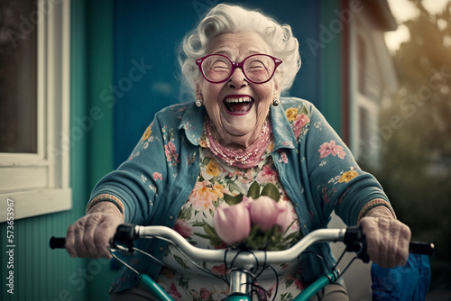 Valokuvatapetti An cute happy and smiling granny ride the bicycle - AI generative