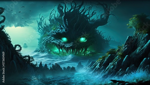 monster hind under water, idea for fantasy fiction background wallpaper, Generative Ai