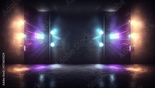 illustration of spotlights shine on stage floor in dark room  idea for background  backdrop  blue  Generative Ai