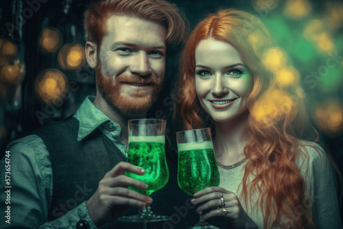 Generated IA. Happy redhead couple drinking green beer on St. Patrick's Day celebration